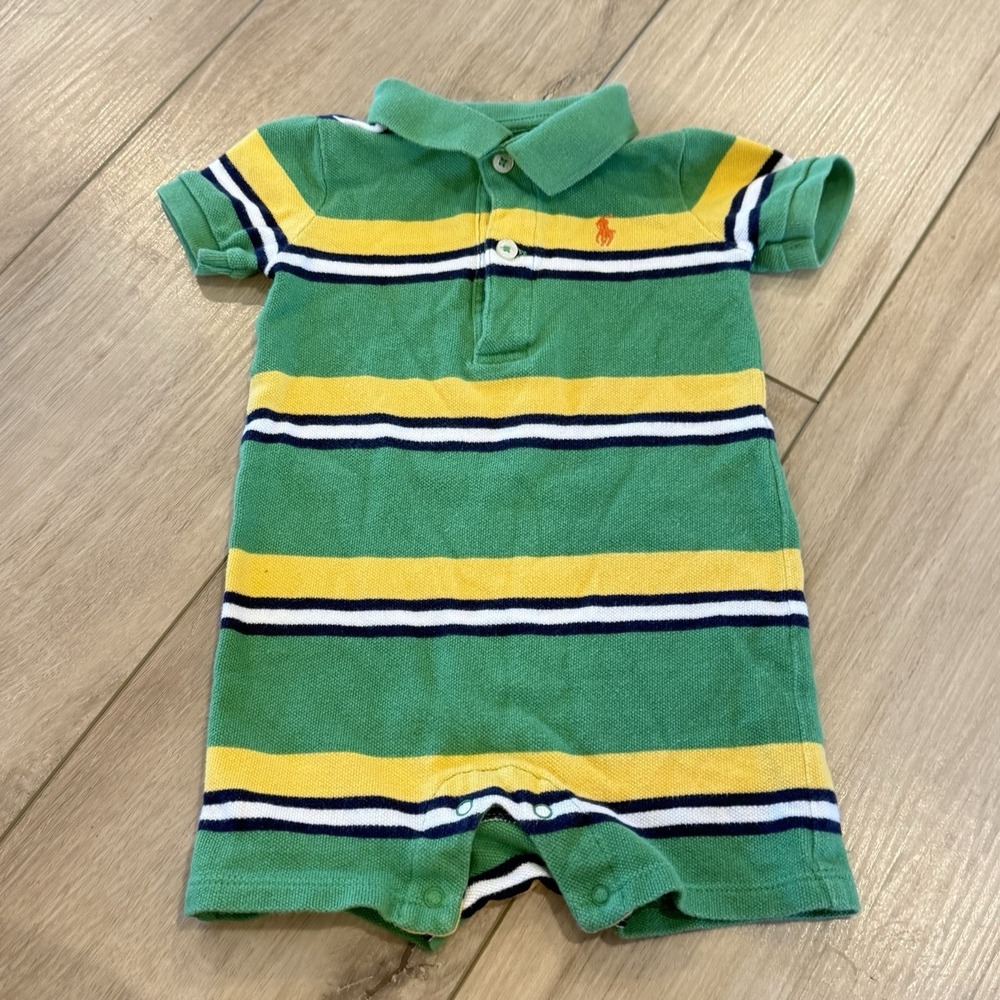 Ralph Lauren Romper Size 6 Month Green Stripe Preppy Short Sleeve Polo One-Piece
